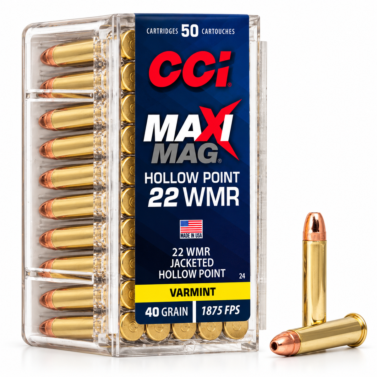 .22 WMR | CCI 24 | 40 gr. | Jacketed Hollow Point | Maxi-Mag® | 50 Rounds
