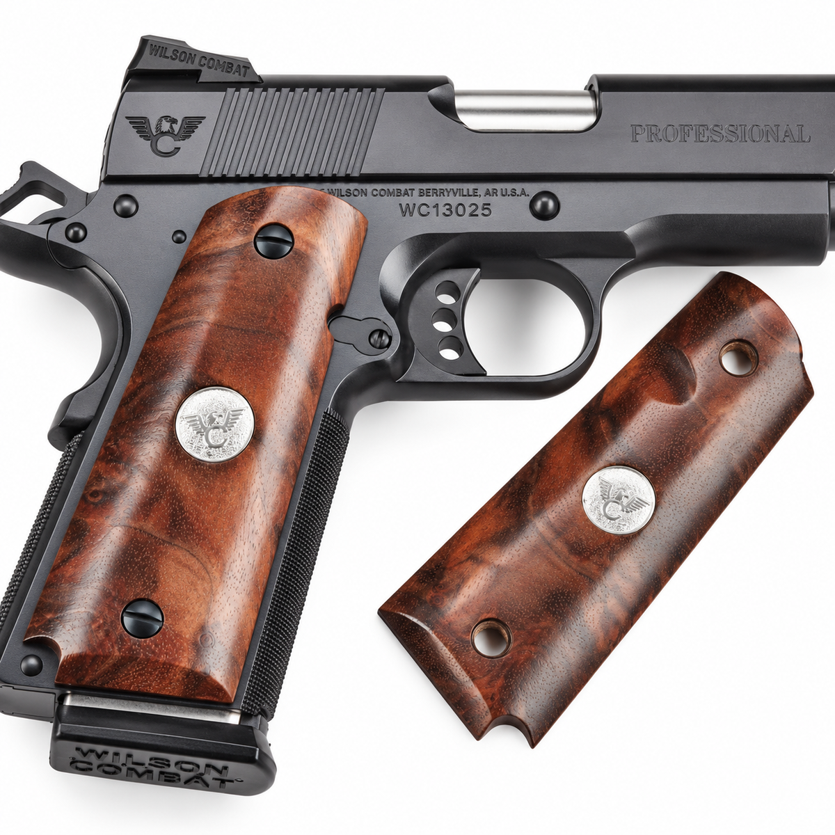 Wilson Combat 1911 Grips, Full-Size, Bevel Bottom, Smooth, Burl Wood/Silver Medallion | 351BSB