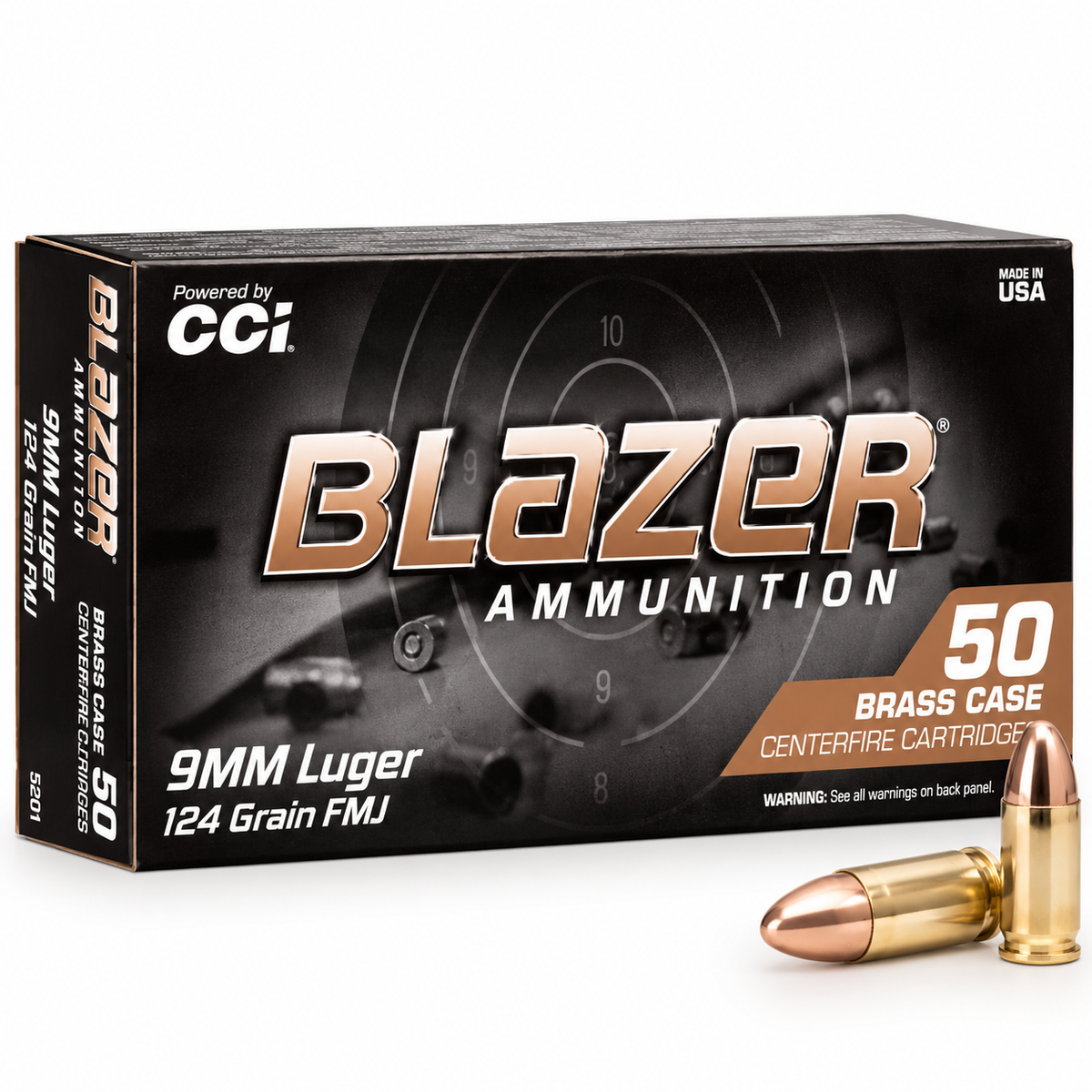 9mm Luger | CCI Blazer Brass 5201 | 124 gr. | FMJ | 50 Rounds