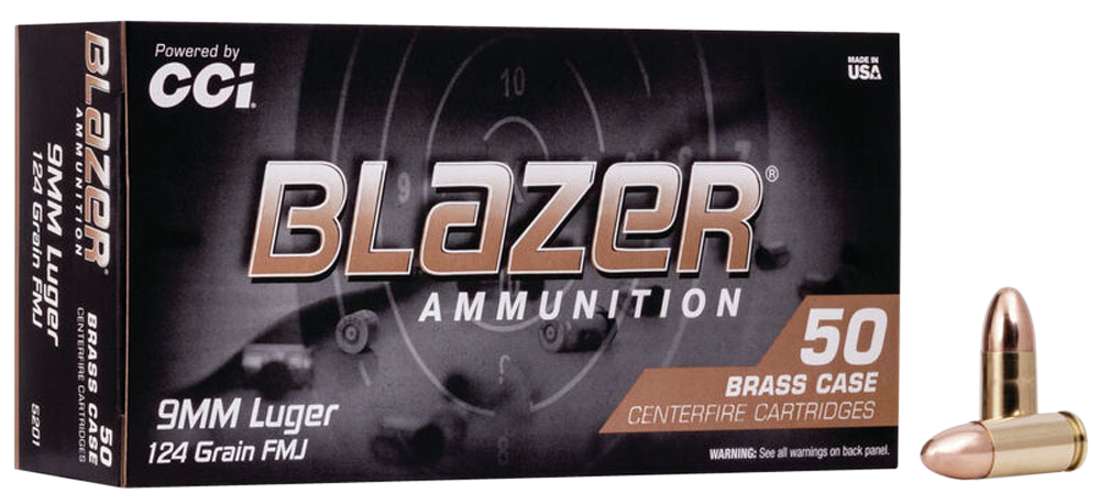 9mm Luger, CCI 5201 Blazer Brass, 124 gr. FMJ, 50 per Box