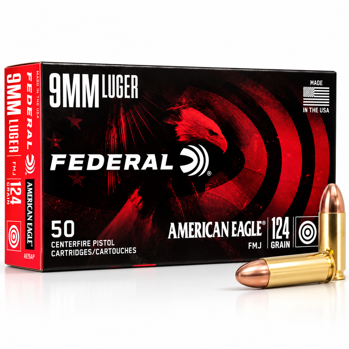 9mm Luger | Federal AE9AP | 124 gr. | FMJ | American Eagle® | 50 Rounds