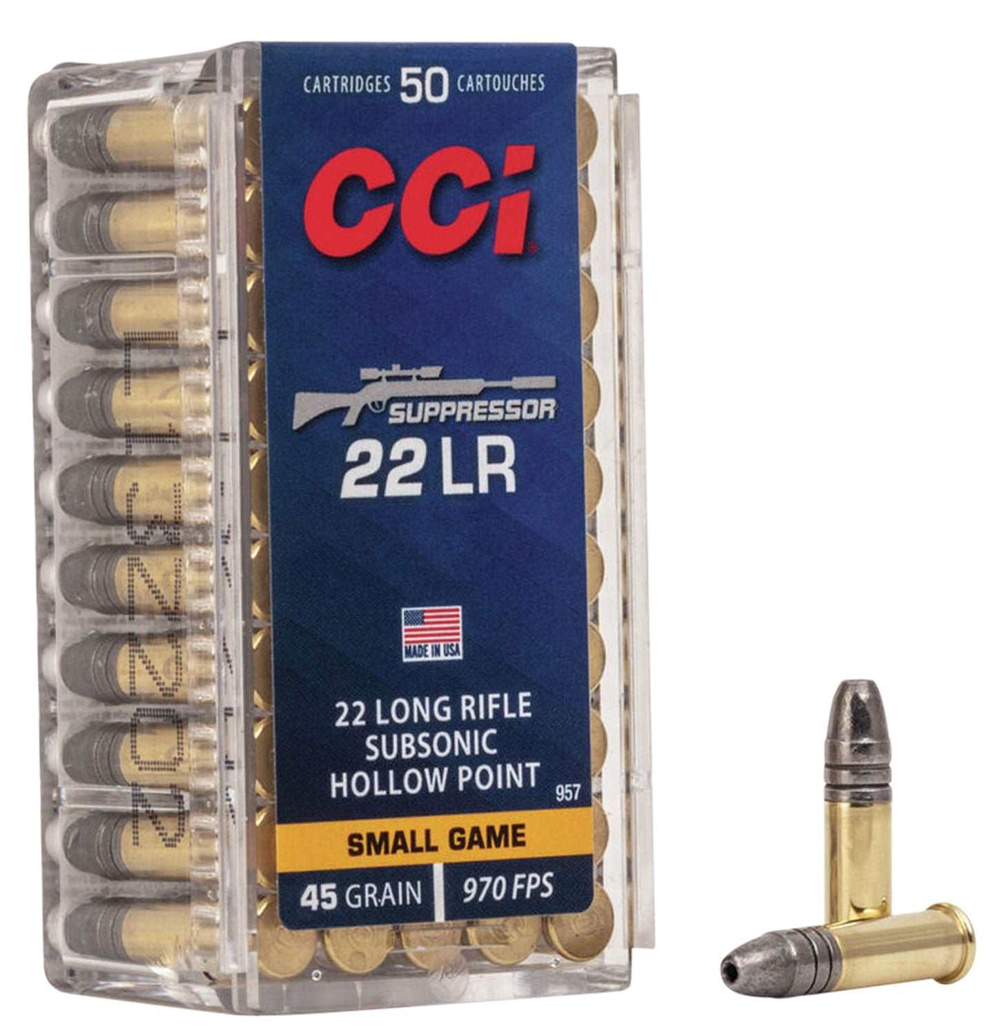 CCI 22 Long Rifle Suppressor 957 subsonic hollow point 45 gr ammunition, 50 rounds per box