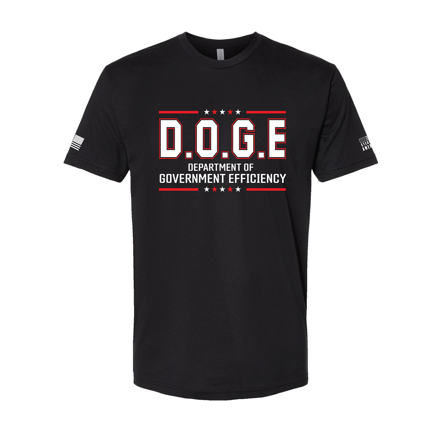 Black D.O.G.E. Department of Government Efficiency t-shirt with American flag print on sleeves and screen-printed logos