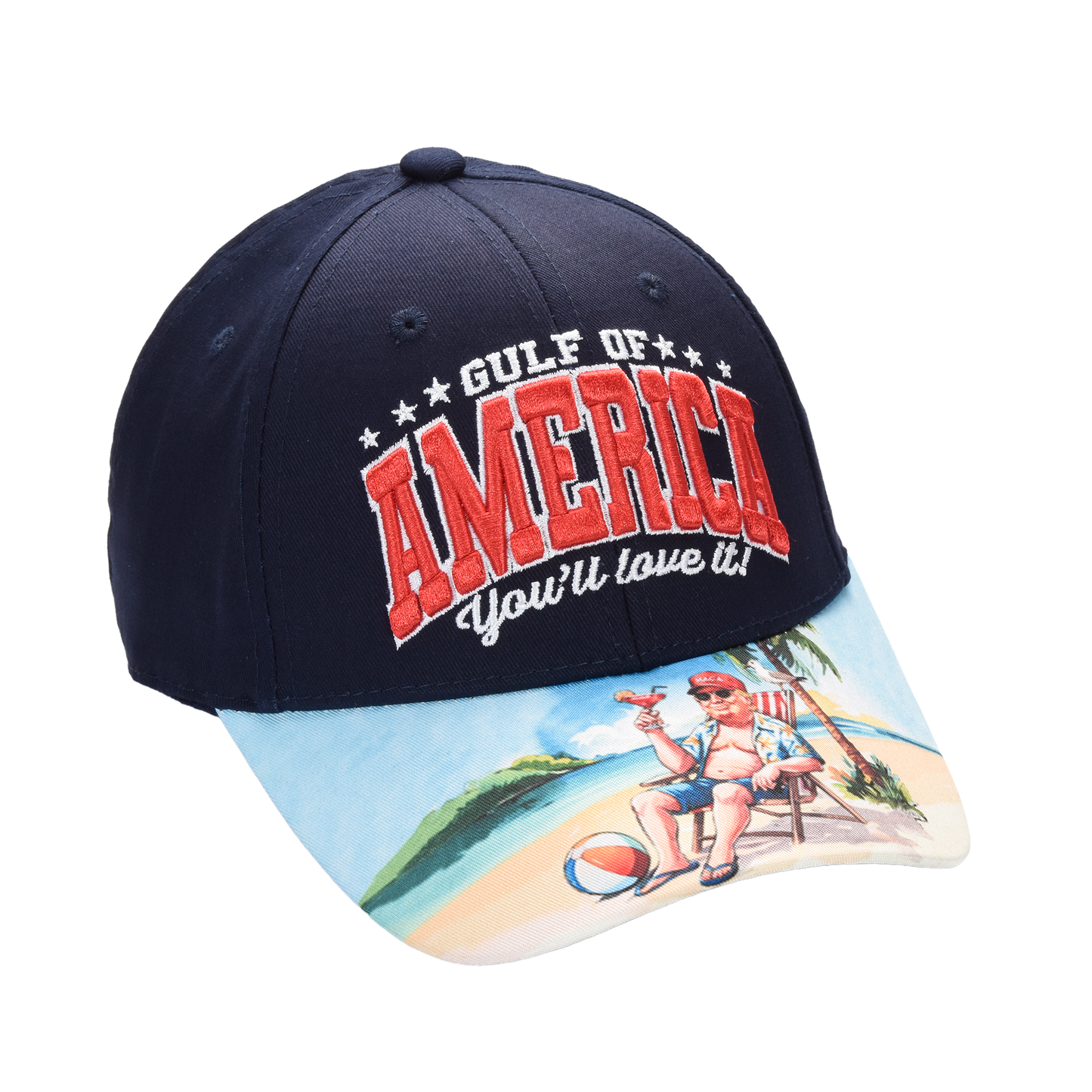 Gulf of America Cap – Beach Scene Printed Bill & USA Flag Patch