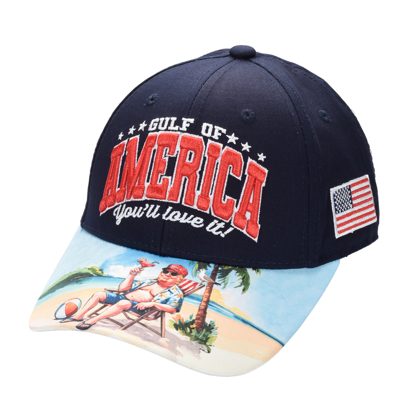 Gulf of America Cap – Beach Scene Printed Bill & USA Flag Patch
