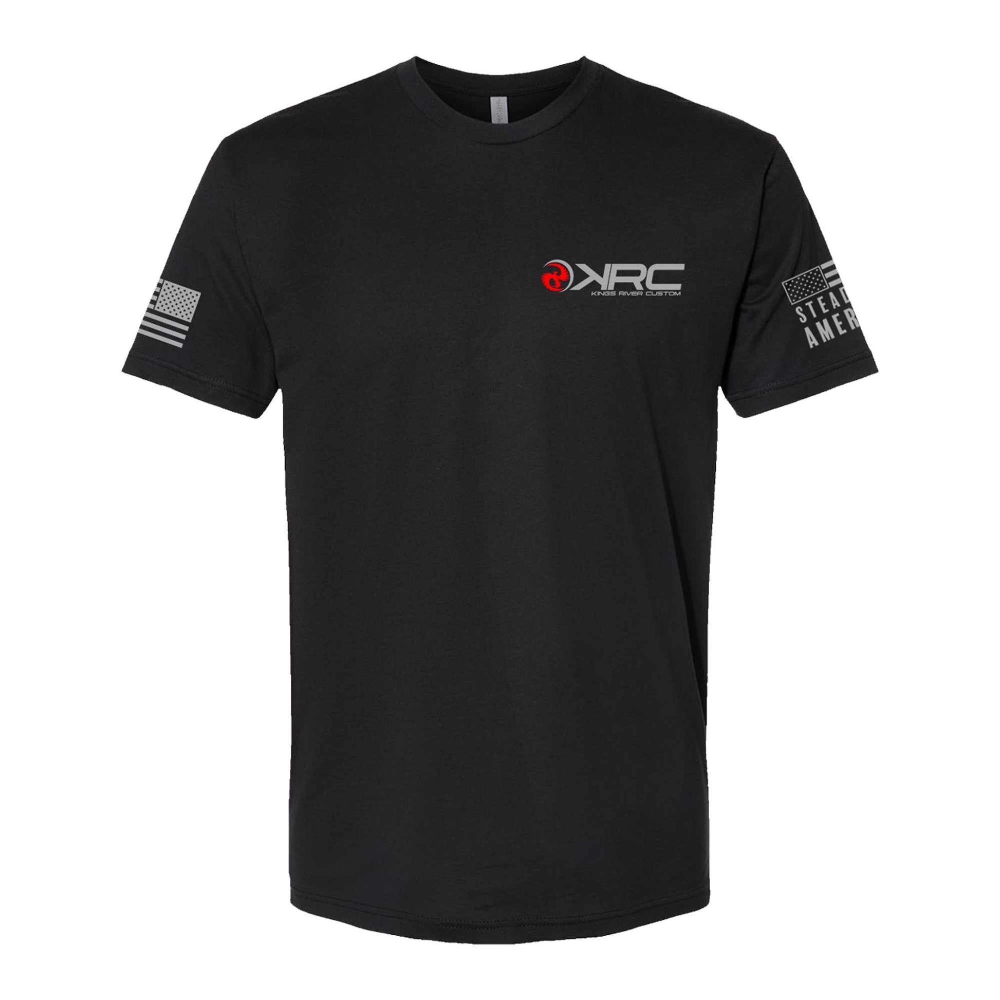 Black Kings River Custom unisex t-shirt with logos on chest, back, left sleeve, and American flag on right sleeve