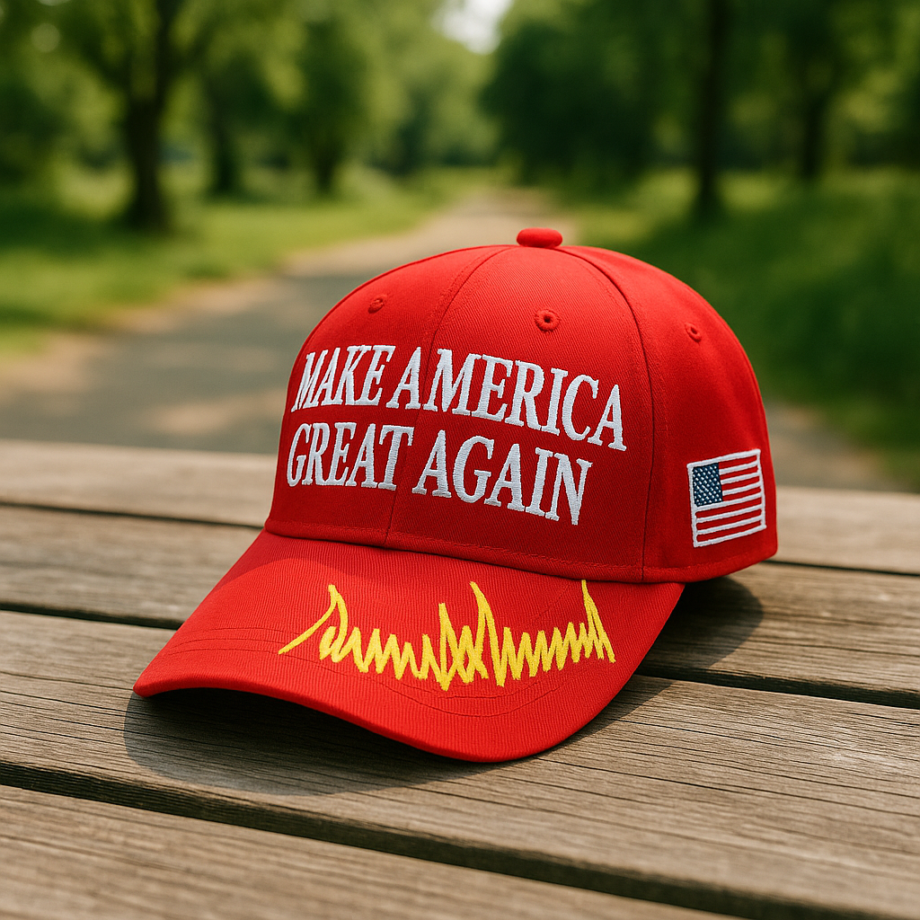 MAGA Baseball Cap with Trump Yellow Signature Bill ‒ Patriotic Red Snapback Hat for Men & Women / Trump 45-47
