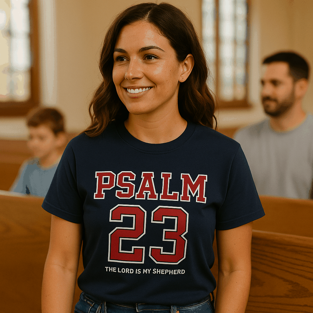Woman wearing a navy blue t-shirt with 'PSALM 23' printed on it in a church setting.