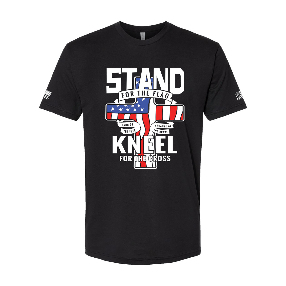 Black t-shirt with "Stand For The Flag, Kneel For The Cross" patriotic Christian design, American flag and Steadfast American logo on sleeves