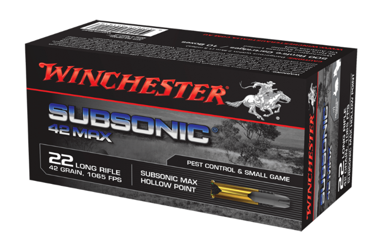 22 Long Rifle, Winchester W22SUB42U, 42 gr. Subsonic Max Hollow Point, 50 per Box