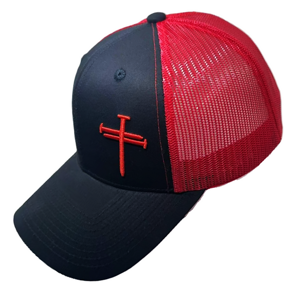 Cross of Nails in Red on Trucker Black Cap with Red Mesh Back