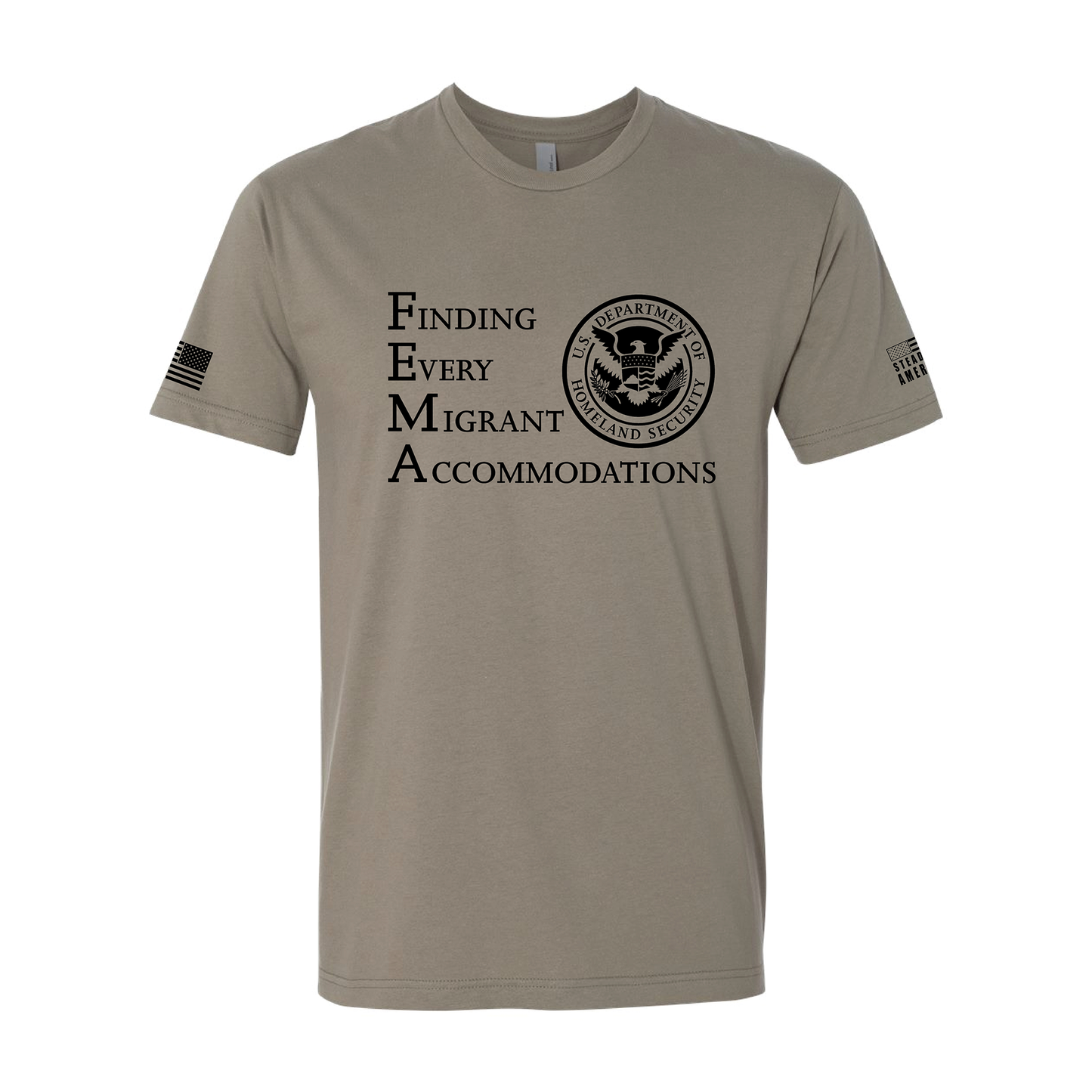 FEMA Finding Every Migrant Accommodations t-shirt with front print and American flag sleeves on unisex cotton tee