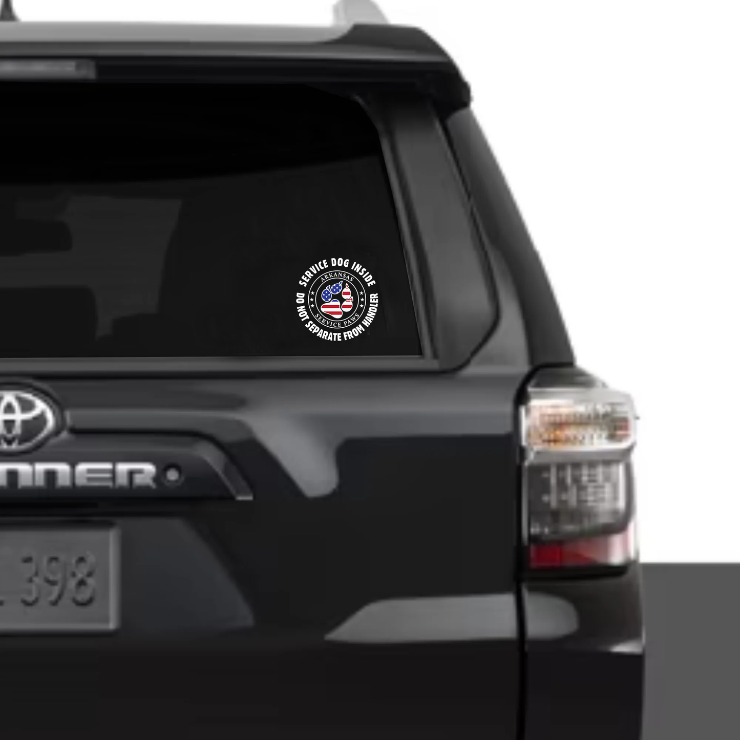 Arkansas Service Paws UV DTF 3D PermaSticker on car window with durable outdoor adhesive