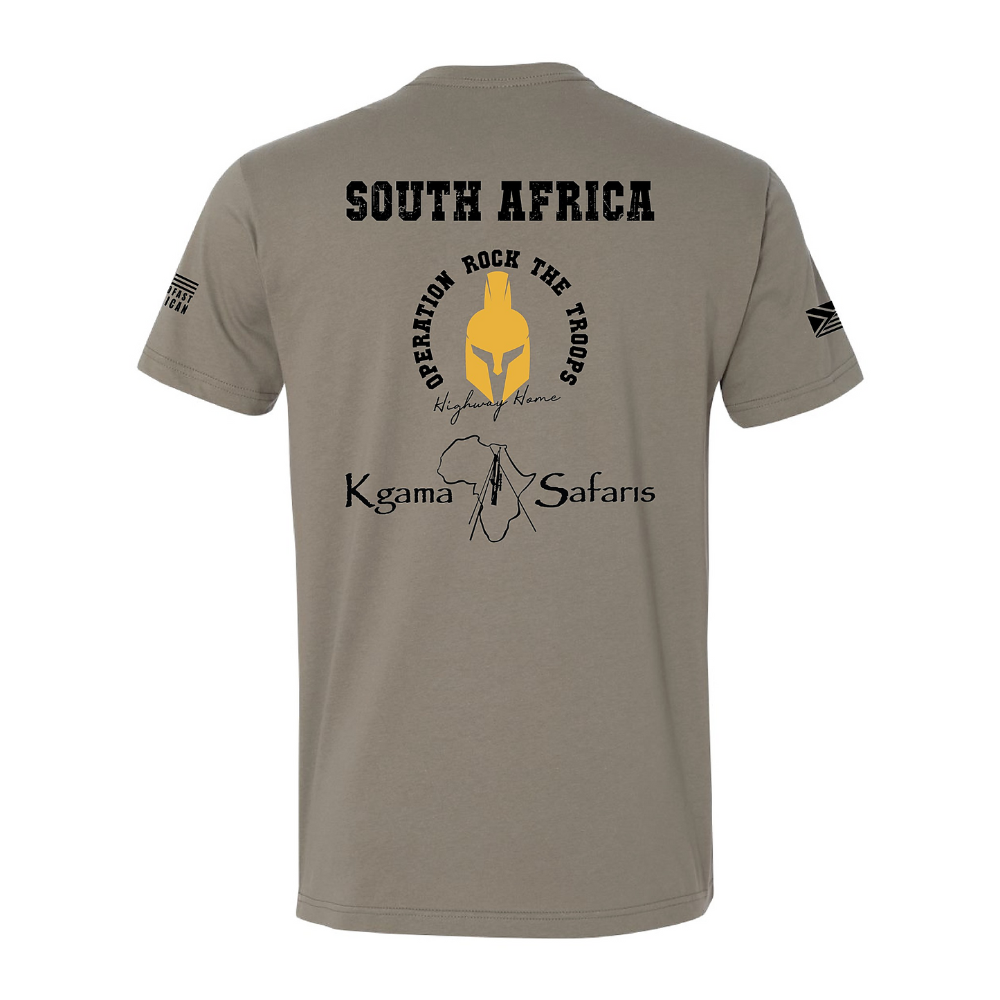 tan t-shirt with Operation Rock The Troops and Kgama Safaris South Africa screen print