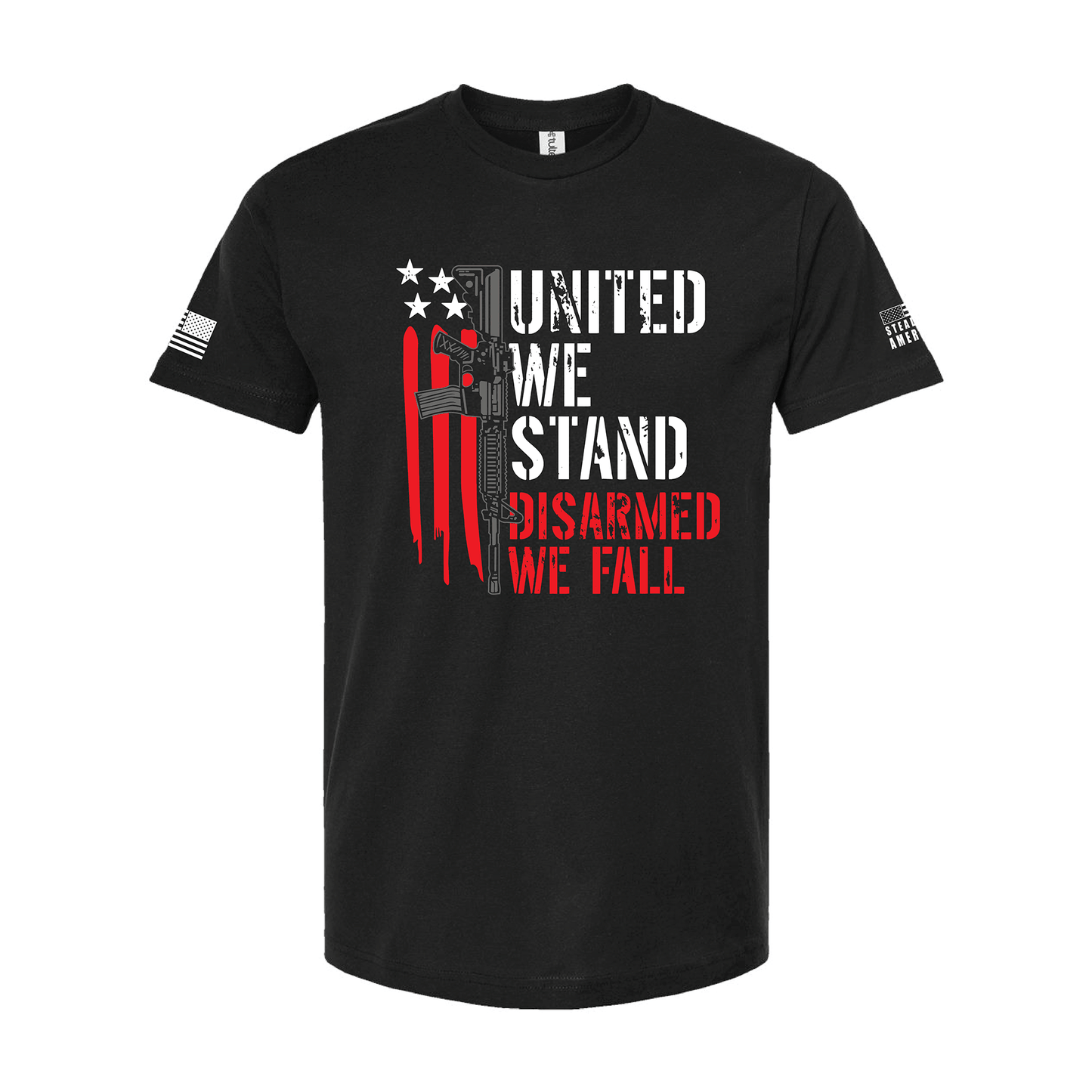 Black United We Stand T-shirt with patriotic gun and flag design, American flag on right sleeve, and Steadfast American logo on left sleeve