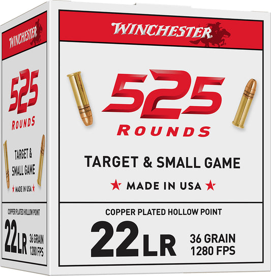 22 Long Rifle, Winchester 22LR525HHP, 36 gr. Copper Plated Hollow Point, 525 per Box
