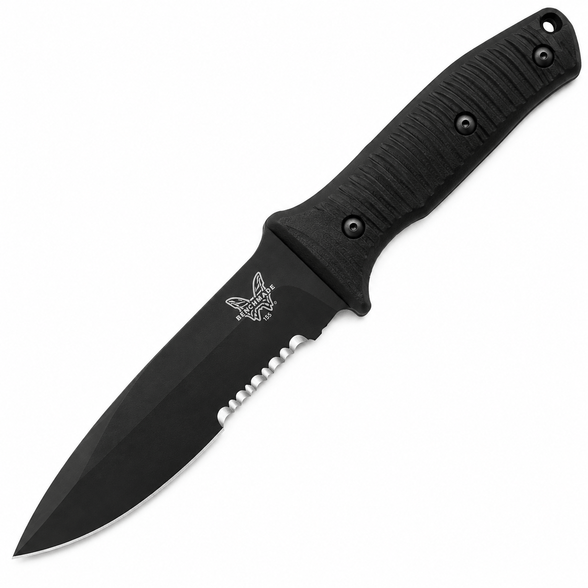 Benchmade 155SBK Fixed Presidio black coated 6.2-inch 154CM stainless steel blade with partial serrations and textured black handle