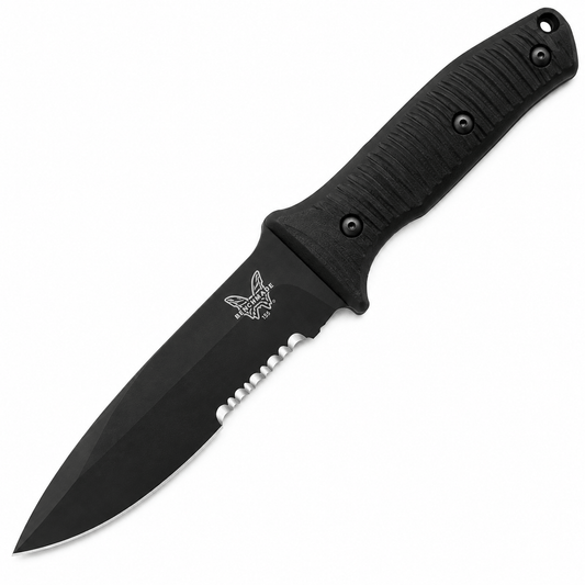 Benchmade 155SBK Fixed Presidio black coated 6.2-inch 154CM stainless steel blade with partial serrations and textured black handle