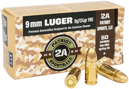 9mm Luger, Patriot Sports P9MM124F, 124 gr. FMJ, 50 per Box