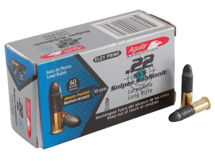 Aguila 1B220112 Sniper Subsonic .22 Long Rifle ammunition box with 50 rounds of 60 gr lead solid point bullets