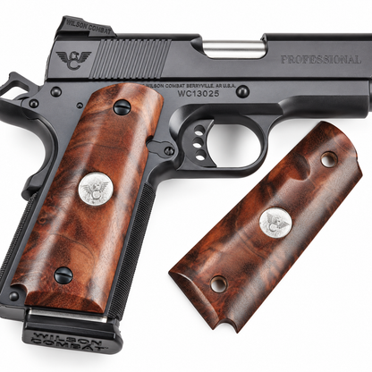 Wilson Combat 1911 Grips, Full-Size, Bevel Bottom, Smooth, Burl Wood/Silver Medallion | 351BSB