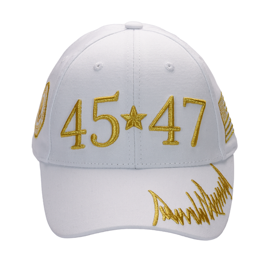White 45-47 Cap – Gold Embroidery, Premium Cotton Twill, Hook & Loop Closure