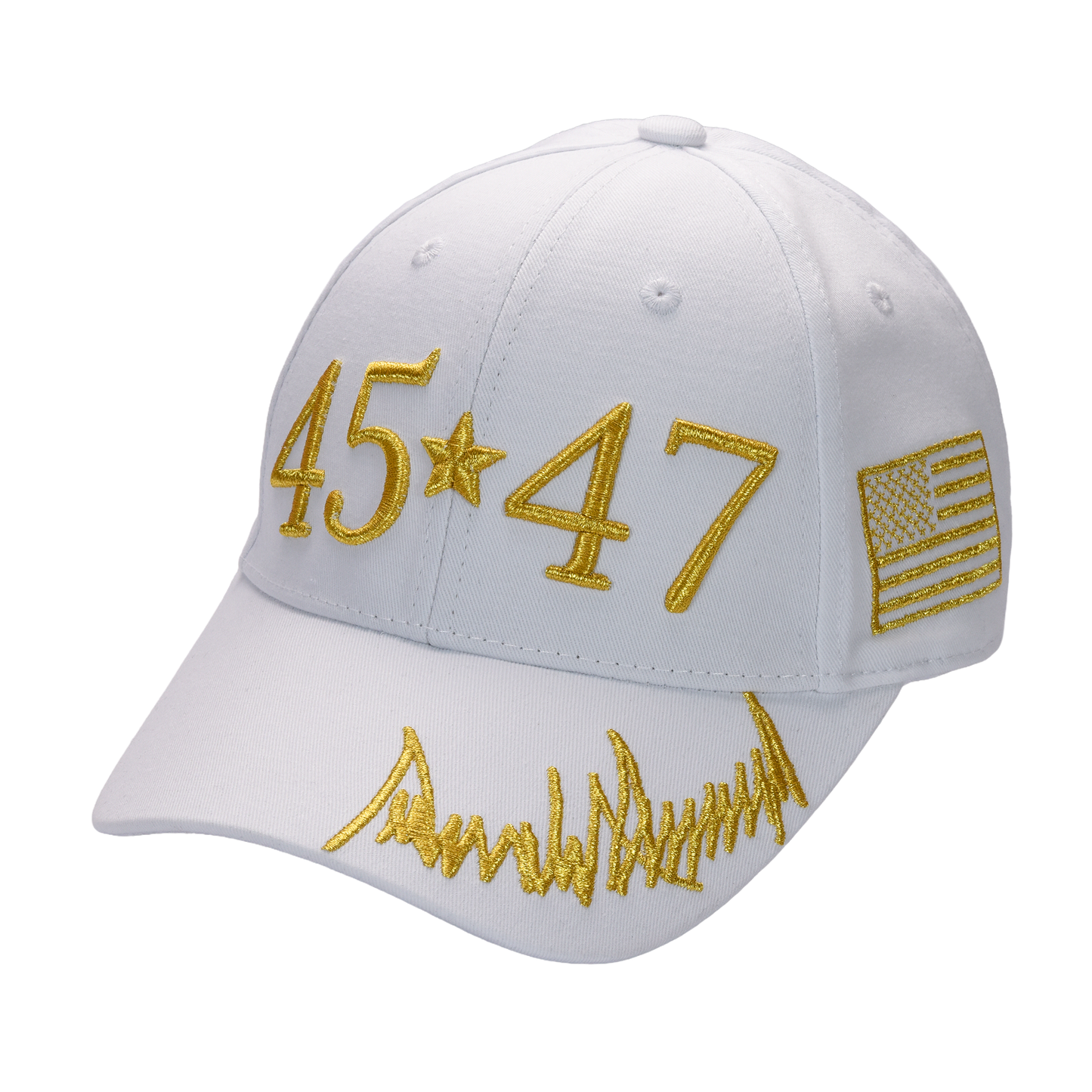 White 45-47 Cap – Gold Embroidery, Premium Cotton Twill, Hook & Loop Closure