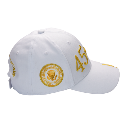 White 45-47 Cap – Gold Embroidery, Premium Cotton Twill, Hook & Loop Closure