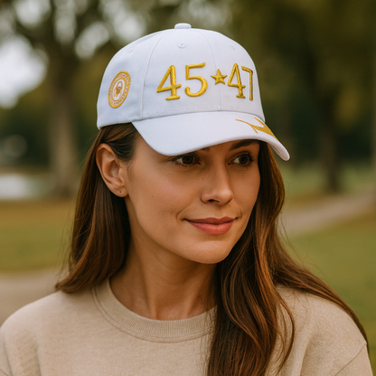 White 45-47 Cap – Gold Embroidery, Premium Cotton Twill, Hook & Loop Closure