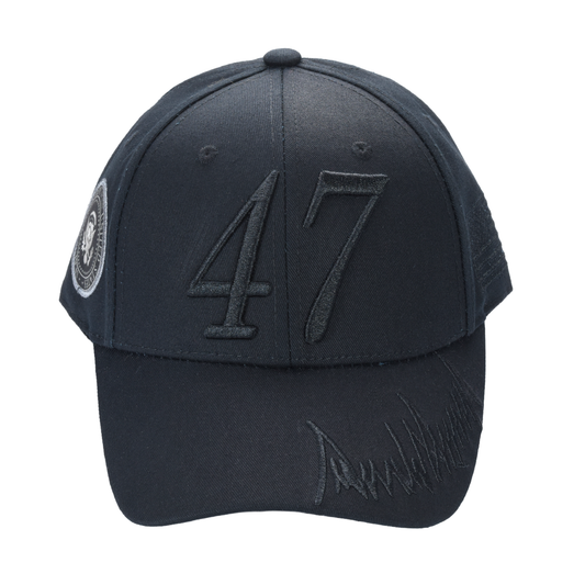 Black Dark Trump "47" Cap with embroidered front number, presidential seal on left side, and signature on bill made from cotton twill