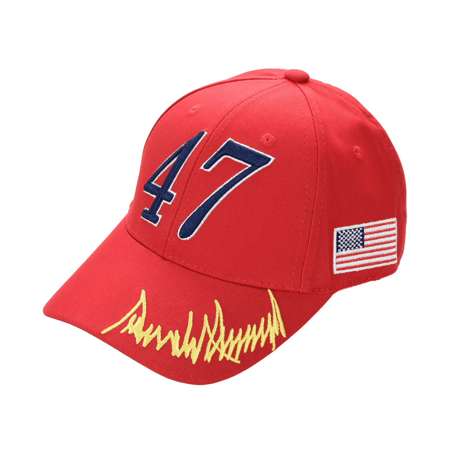 Trump 47 Cap – Red Cotton Twill Embroidered MAGA Hat with Presidential Seal, USA Flag & Signature