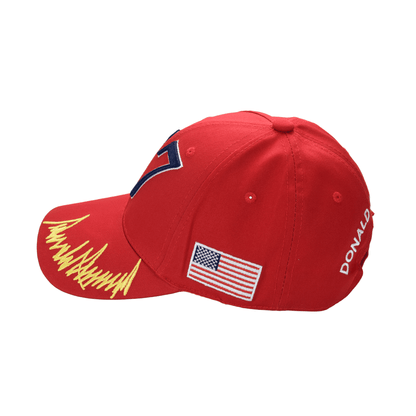 Trump 47 Cap – Red Cotton Twill Embroidered MAGA Hat with Presidential Seal, USA Flag & Signature