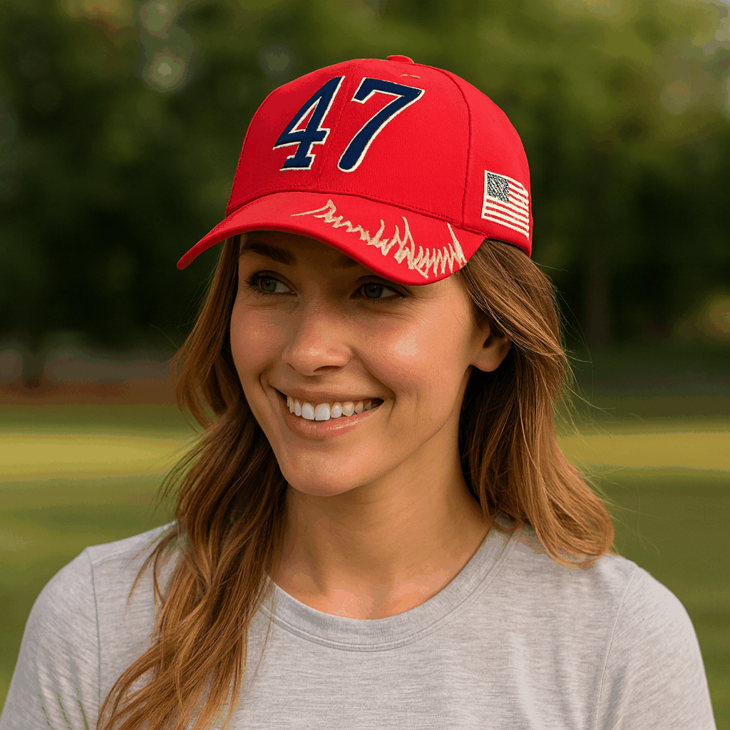 Trump 47 Cap – Red Cotton Twill Embroidered MAGA Hat with Presidential Seal, USA Flag & Signature