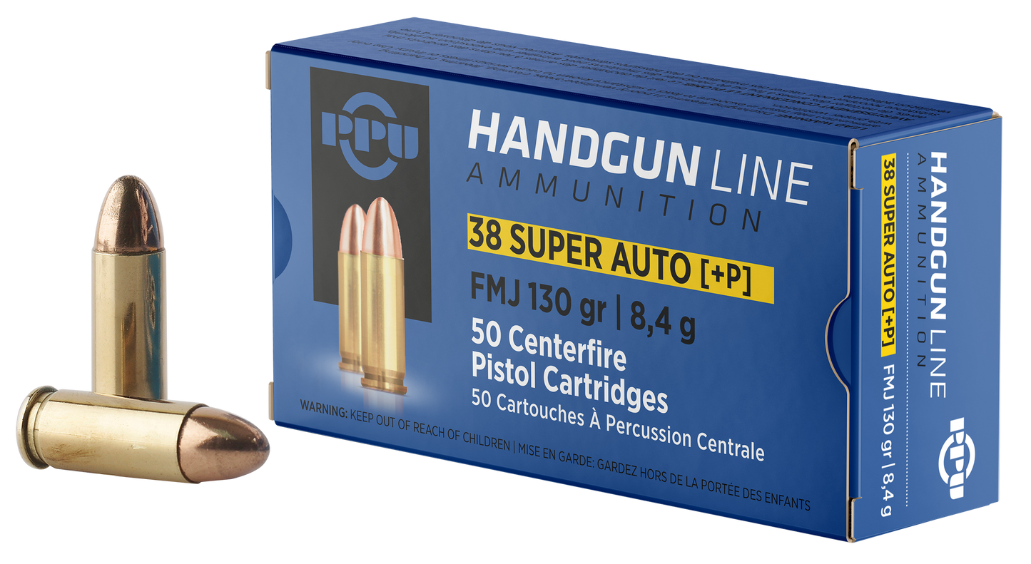 38 Super +P, PPU PPH38SU, 130 gr. FMJ, 50 per Box