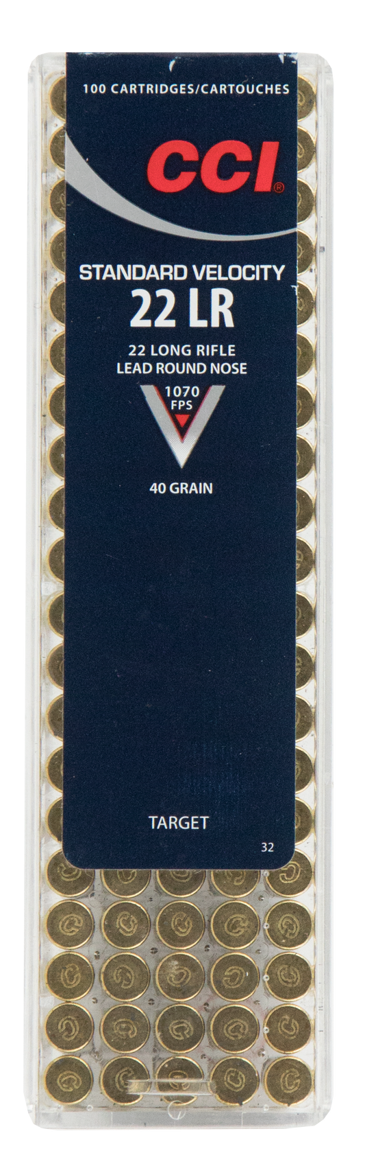 22 Long Rifle, CCI 0032 Standard Velocity, 40 gr. Lead Round Nose, 100 per Box