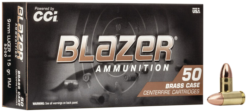 9mm Luger, CCI 5200 Blazer Brass, 115 gr. FMJ, 50 per Box