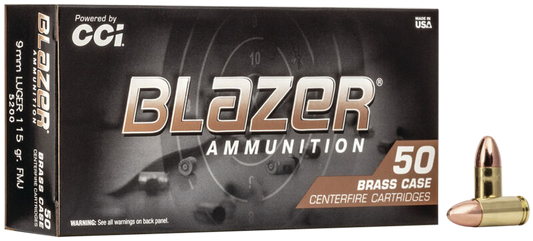9mm Luger, CCI 5200 Blazer Brass, 115 gr. FMJ, 50 per Box