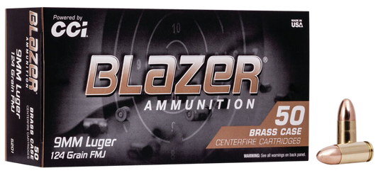9mm Luger, CCI 5201 Blazer Brass, 124 gr. FMJ, 50 per Box