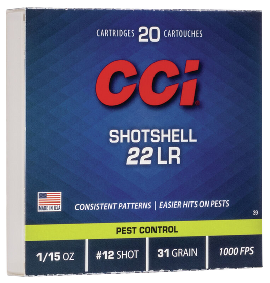 22 Long Rifle, CCI 0039, #12 Shotshell, 20 per Box