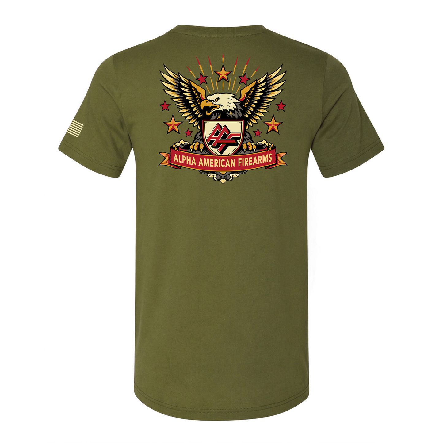 Alpha American Firearms T-shirt with logo on left chest, eagle on back, and American flag on sleeve