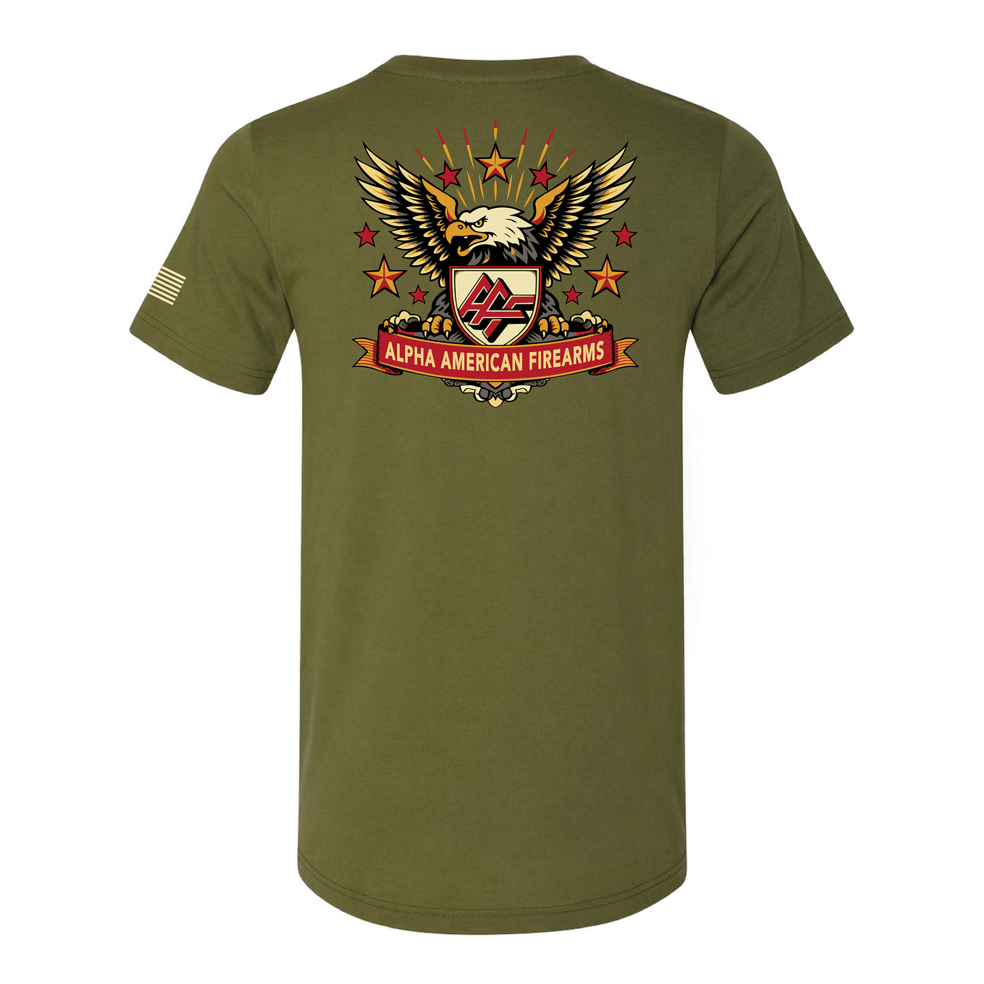 Alpha American Firearms T-shirt with logo on left chest, eagle on back, and American flag on sleeve