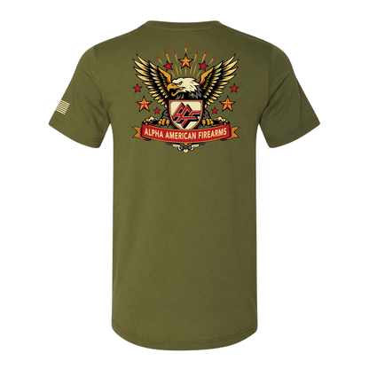 Alpha American Firearms T-shirt with logo on left chest, eagle on back, and American flag on sleeve