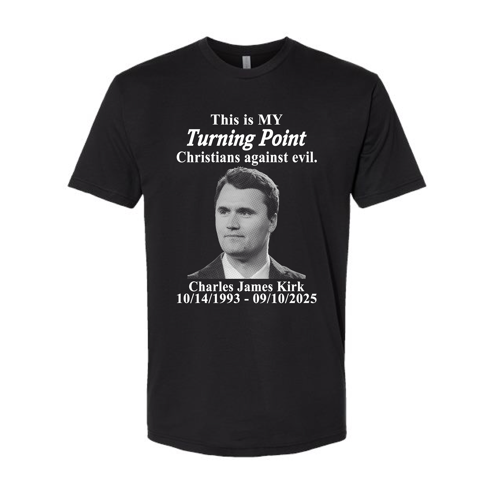 Black t-shirt with Charlie Kirk portrait and Turning Point text on a white background