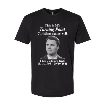 Black t-shirt with Charlie Kirk portrait and Turning Point text on a white background