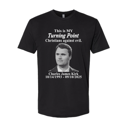 Black t-shirt with Charlie Kirk portrait and Turning Point text on a white background