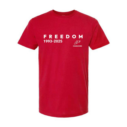 Charlie Kirk Freedom Red Christian Patriot Tee with white freedom text and signature on soft unisex cotton shirt