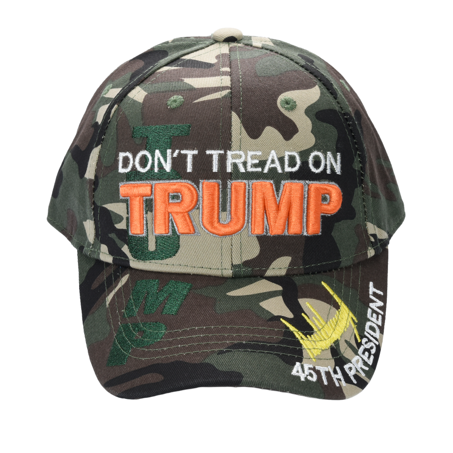 Don’t Tread on Trump camo cap with adjustable cotton twill, embroidered slogan and 45th President detail