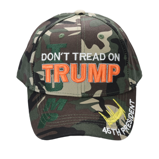 Don’t Tread on Trump camo cap with adjustable cotton twill, embroidered slogan and 45th President detail