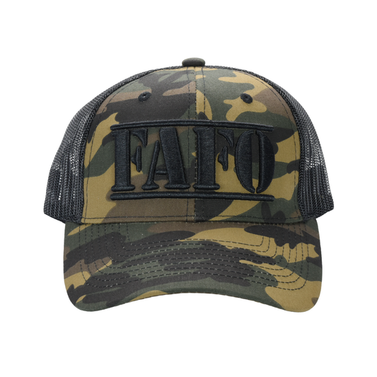 Camo FAFO Trucker Cap with black mesh back and bold embroidered front logo for tactical outdoor style