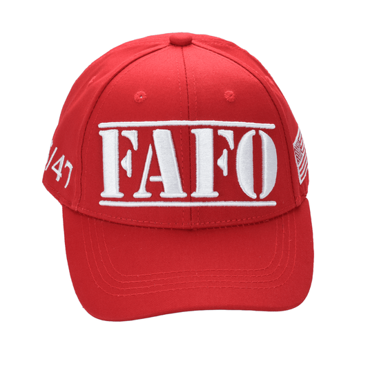 Red FAFO President Trump Cap made of premium cotton twill with white embroidered lettering and adjustable back closure